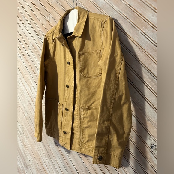 Old Navy Tan Khaki Navy Blue Plaid Lined Utility Jacket Button Up Warm Collar - Picture 9 of 10